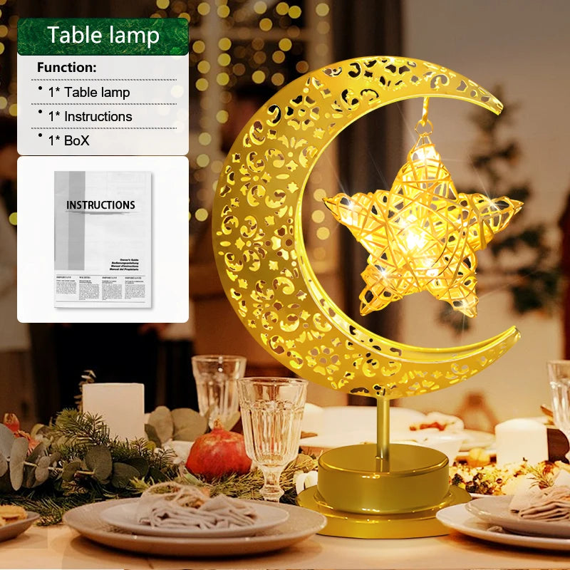 LED Moon Lamp – Golden Crescent Decorative Table Lamp with Hanging Star | Warm White Fairy Light Night Lamp