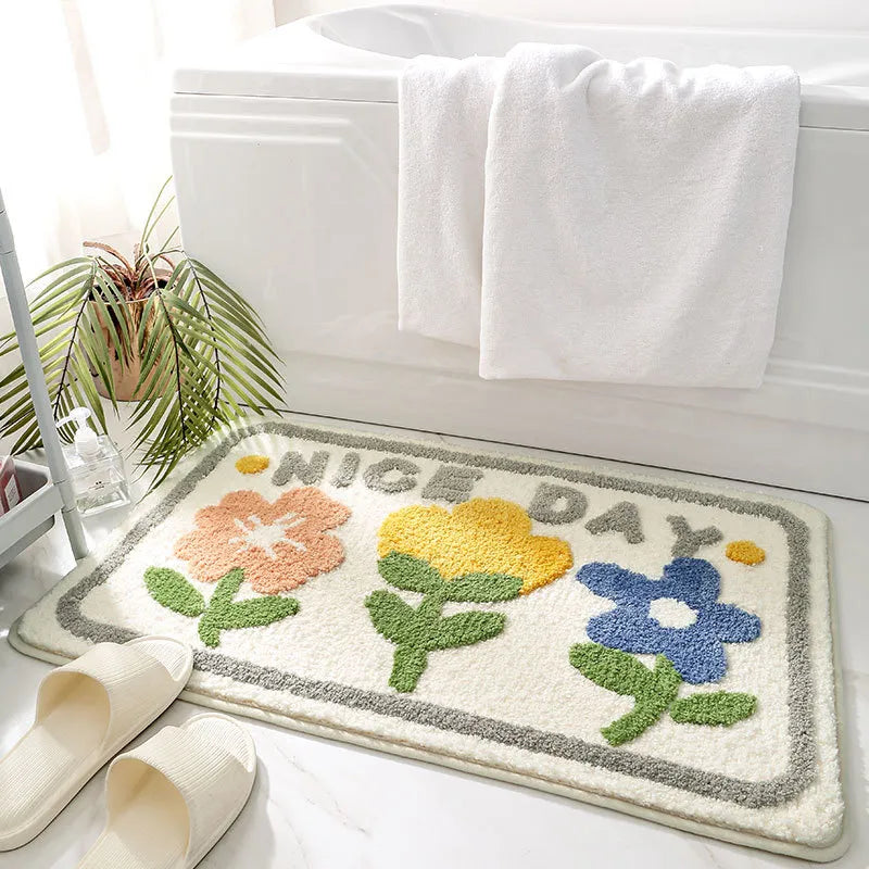 Green Leaves Flocking Bath Mat – Non-Slip, Absorbent Microfibre Bathroom Rug - Homevalley.co.uk