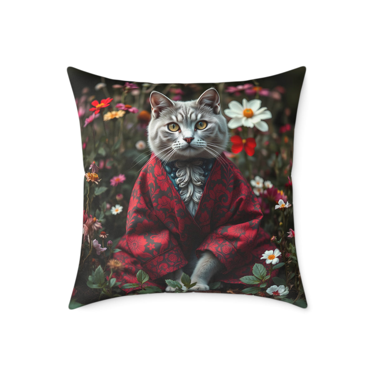 William Morris Style Cat in Kimono and Flowers Square Pillow, Botanicals and Flowers, insert included - Homevalley.co.uk