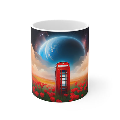 CALL HOME  Telephone Box on The Moon Coffee Mug Tea Mug, 11oz