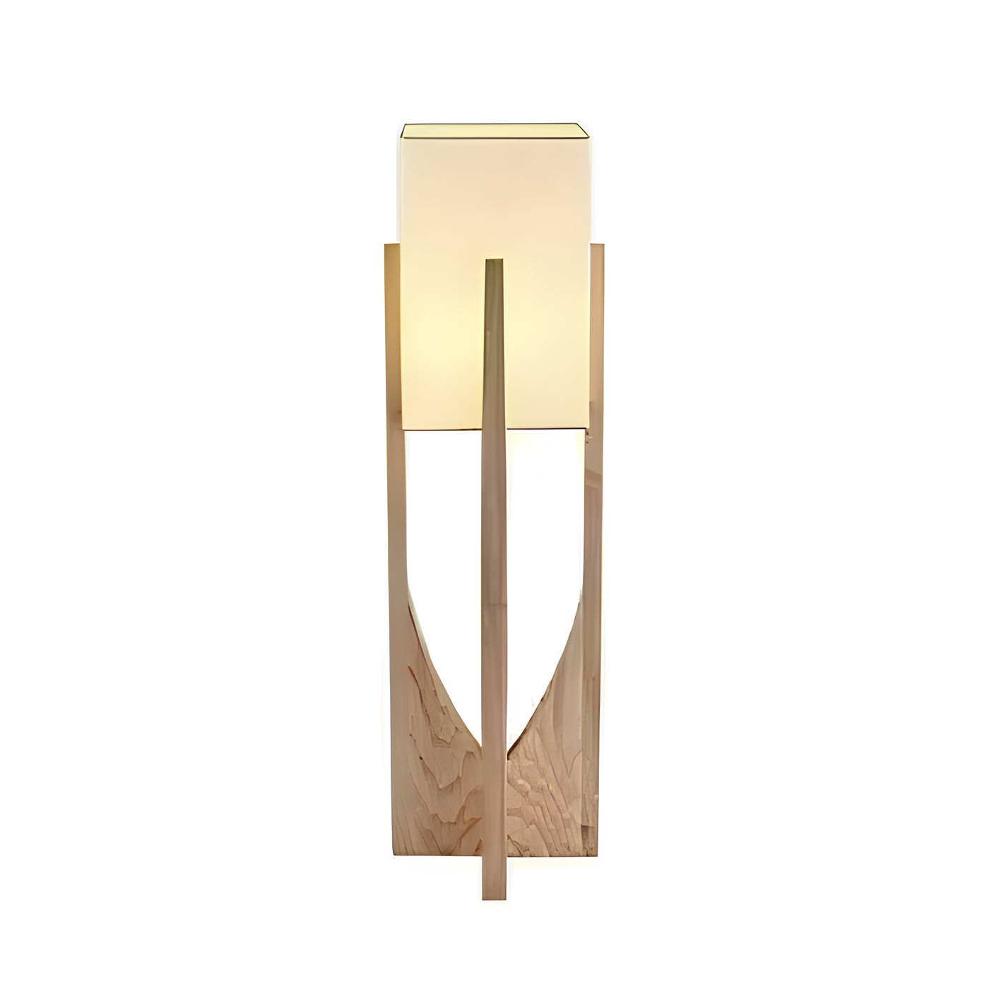 Wooden floor lamp with a white shade on a white background