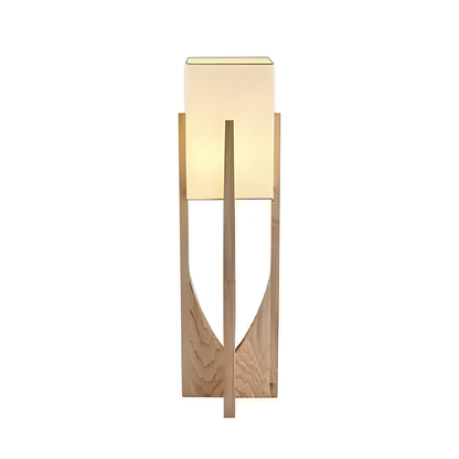 Wooden floor lamp with a white shade on a white background