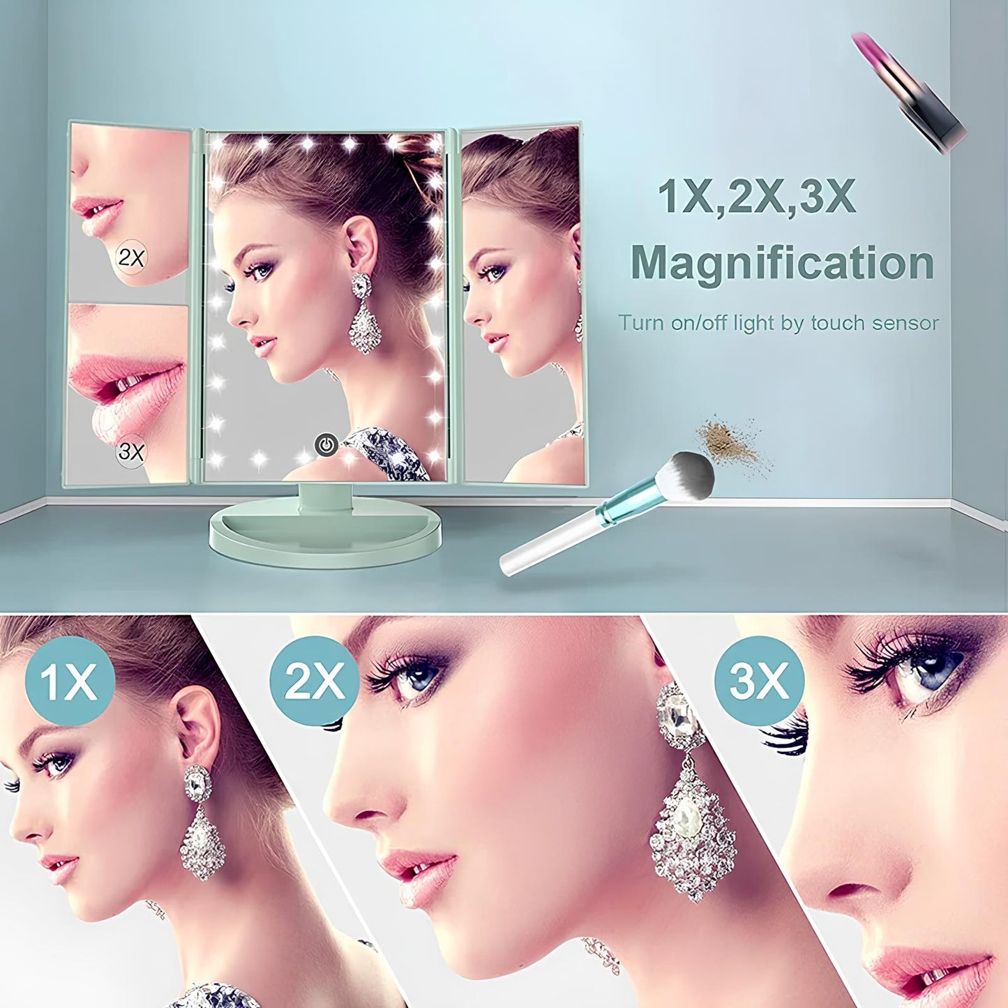 LED Makeup Mirror 1/2/3X Magnifying, 180° Rotation, 22 LED Lights