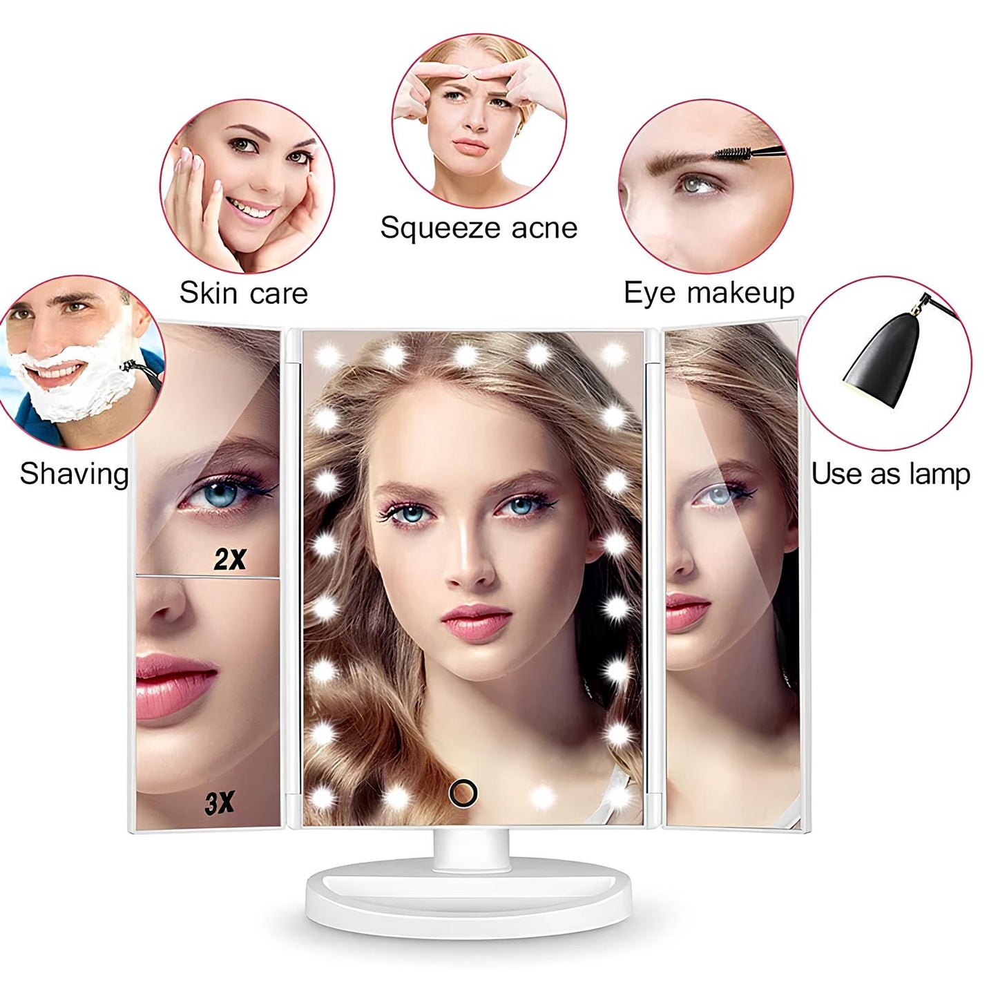 LED Makeup Mirror 1/2/3X Magnifying, 180° Rotation, 22 LED Lights