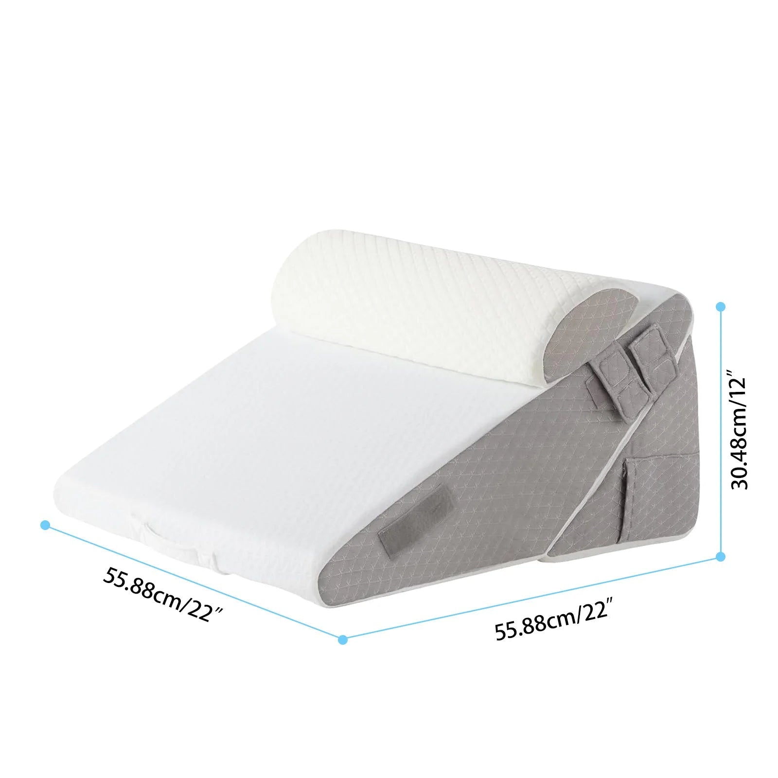 Gray and white wedge-shaped product with dimensions labeled on a white background