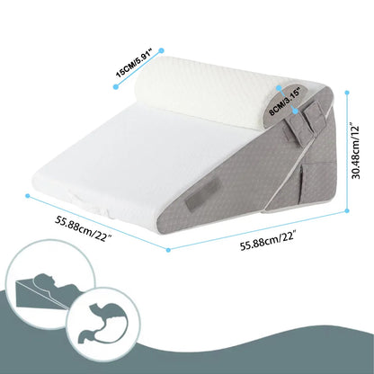 Gray and white wedge pillow with measurements on a white background