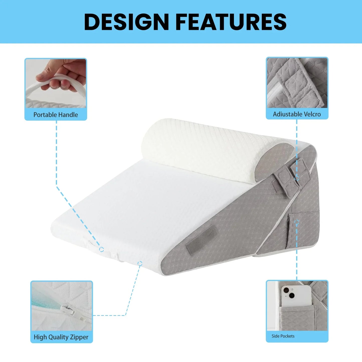 Gray and white pillow with design features highlighted on a white background