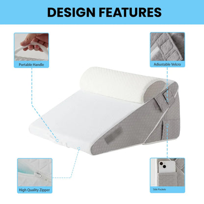 Gray and white pillow with design features highlighted on a white background