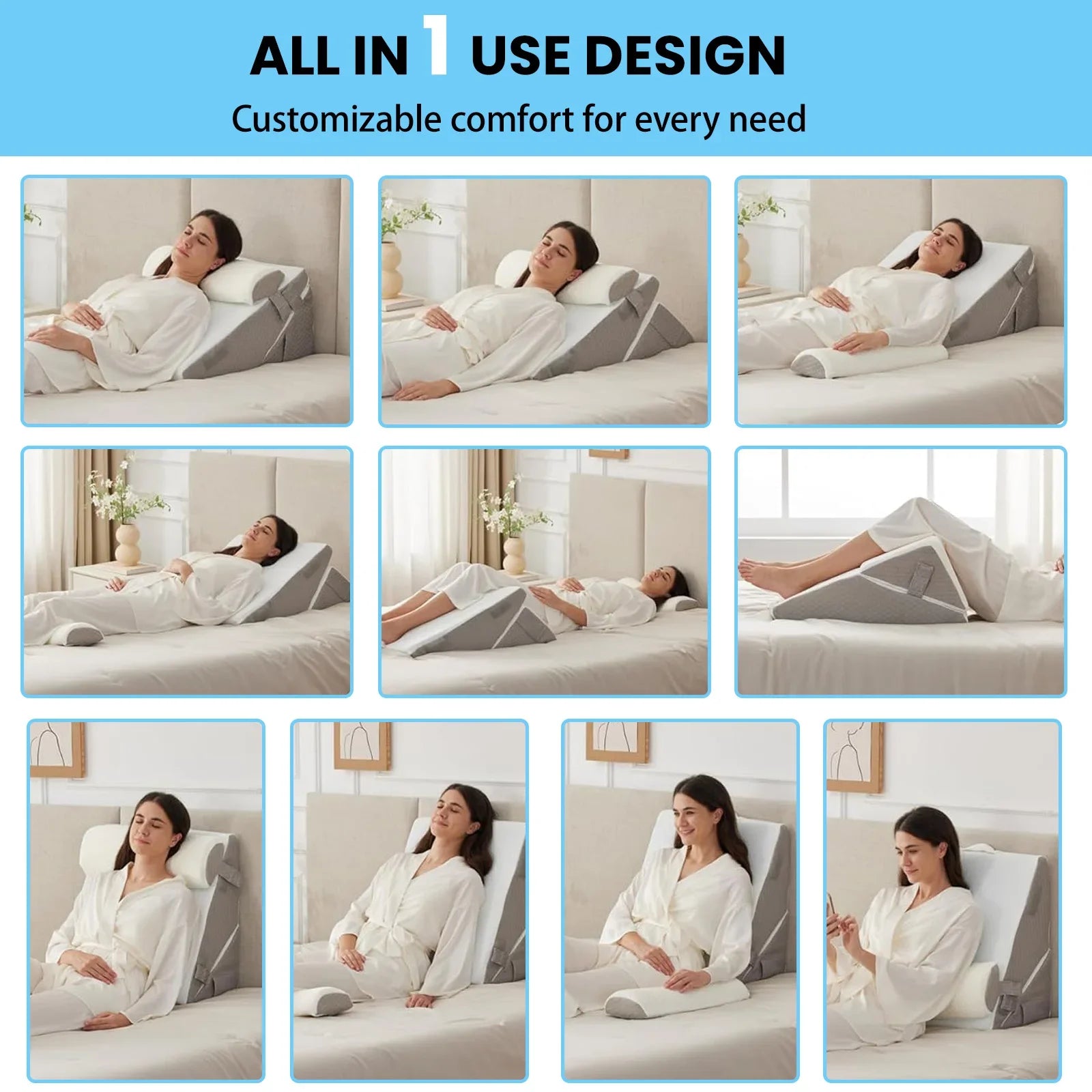 Collage of a person using a customizable comfort product in various positions.