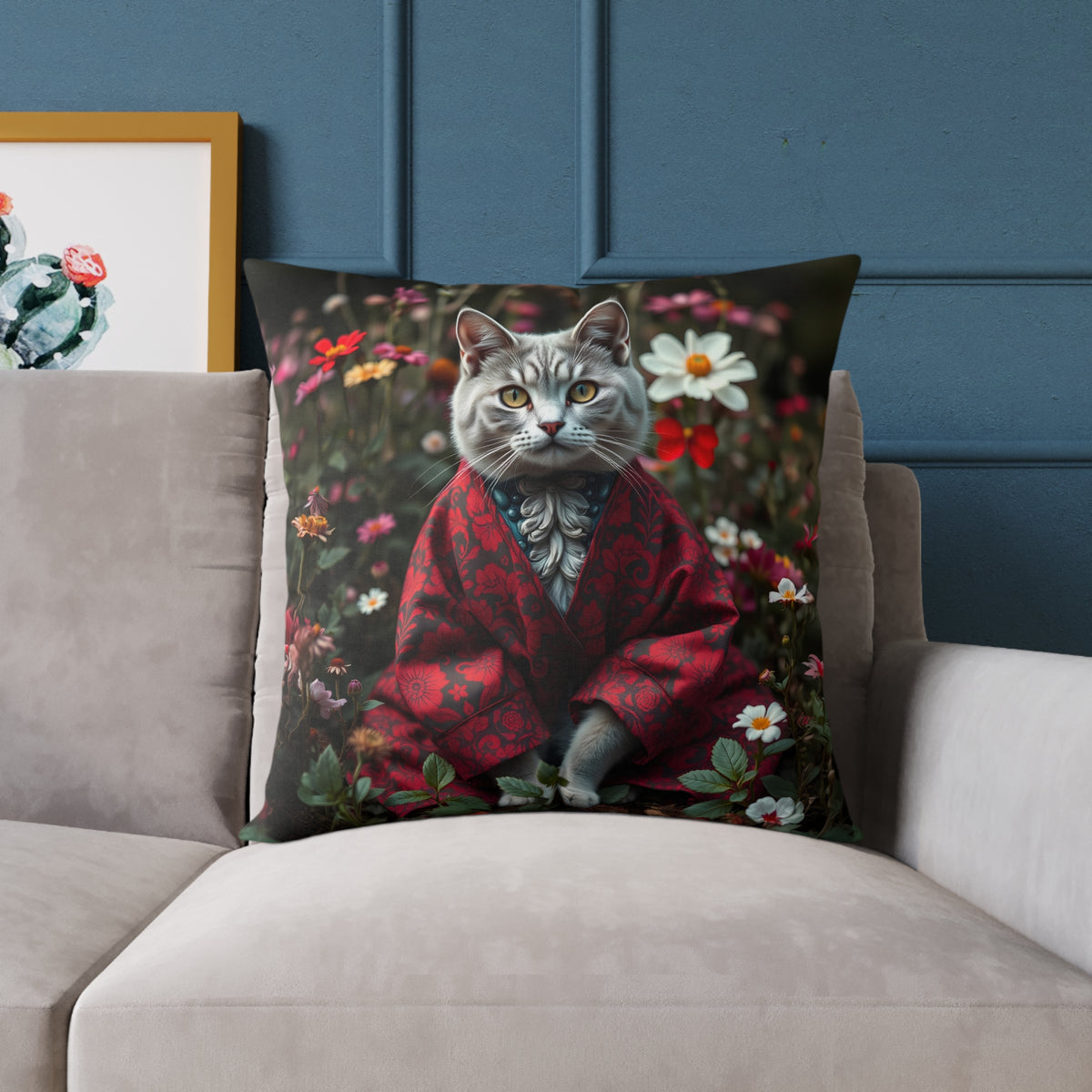 William Morris Style Cat in Kimono and Flowers Square Pillow, Botanicals and Flowers, insert included - Homevalley.co.uk