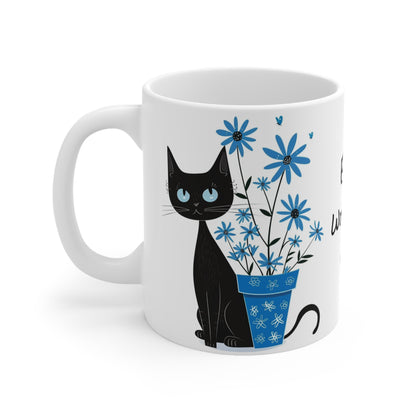 Black Cat and the Plant Pot White Ceramic Coffee Mug, Kitten Coffee Cup, Goft for Her, Mother's Day, Gift Idea,11oz