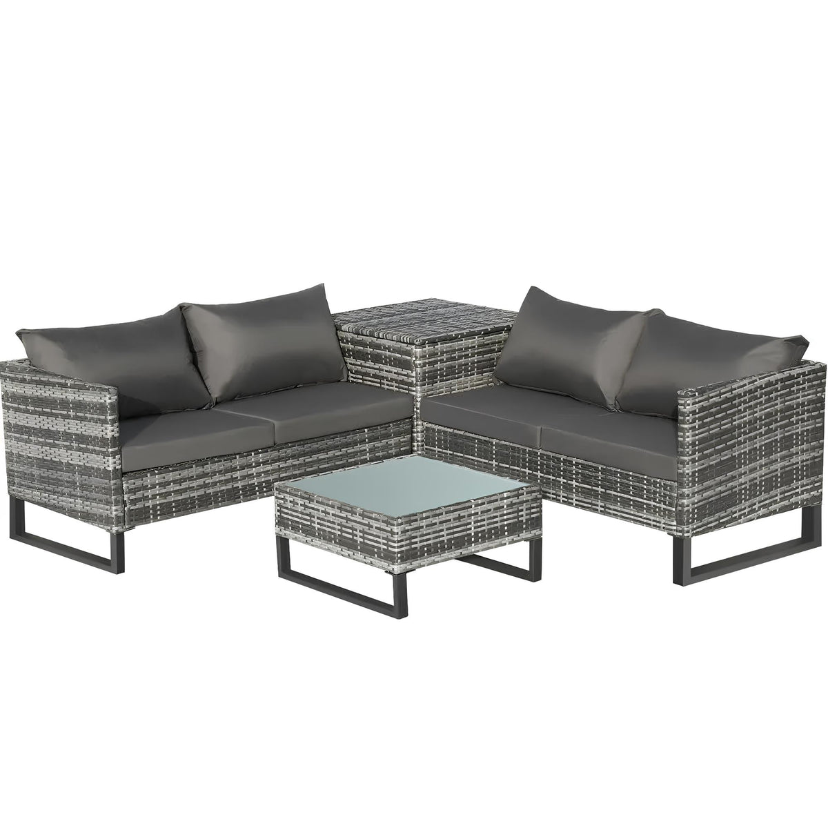 4PCS Garden Rattan Corner Sofa Set Outdoor Furniture Patio Sofa With Storage Box - Homevalley.co.uk