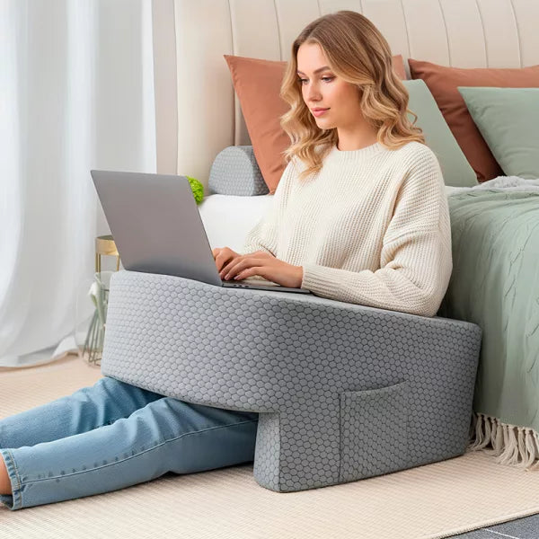 Memory Foam Backrest Pillow with Arm Support & Storage Pockets – Reading, Gaming & Bed Support Cushion