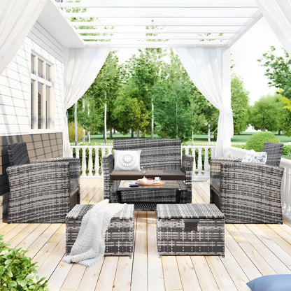 6 Pieces 6 Seater Rattan Patio Sofa Furniture Set with Tempered Glass Coffee Table & Footstools - Homevalley.co.uk
