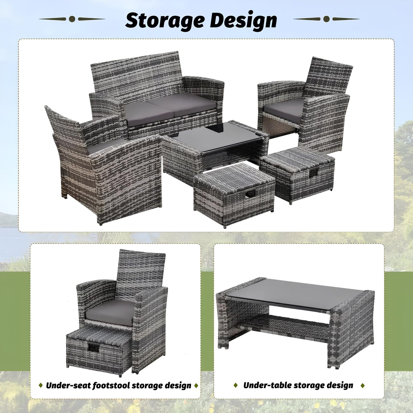 6 Pieces 6 Seater Rattan Patio Sofa Furniture Set with Tempered Glass Coffee Table & Footstools - Homevalley.co.uk