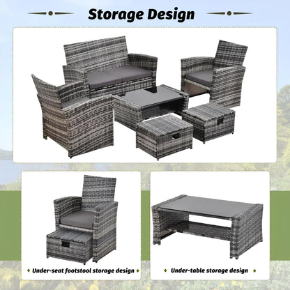 6 Pieces 6 Seater Rattan Patio Sofa Furniture Set with Tempered Glass Coffee Table & Footstools - Homevalley.co.uk