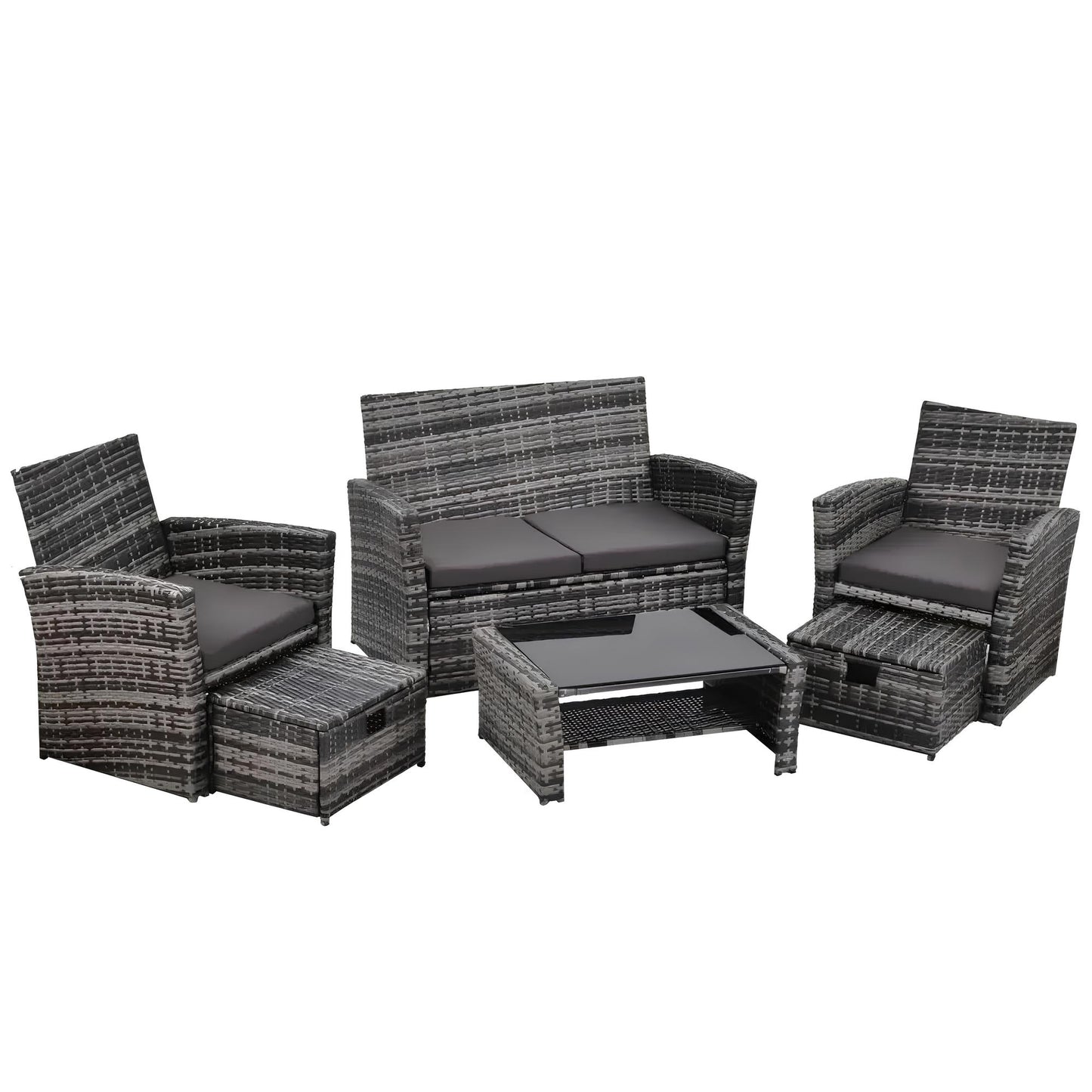 6 Pieces 6 Seater Rattan Patio Sofa Furniture Set with Tempered Glass Coffee Table & Footstools - Homevalley.co.uk