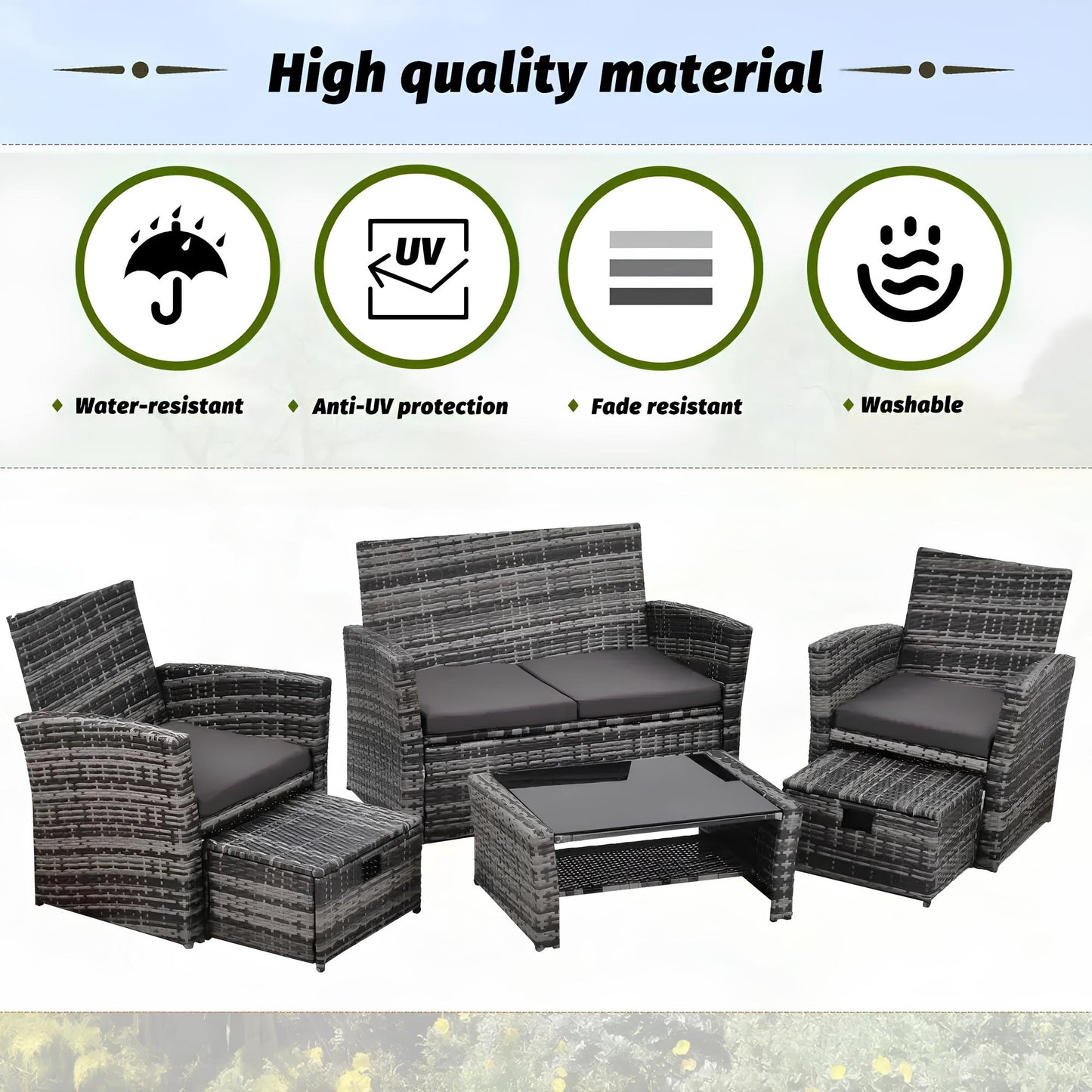 6 Pieces 6 Seater Rattan Patio Sofa Furniture Set with Tempered Glass Coffee Table & Footstools - Homevalley.co.uk