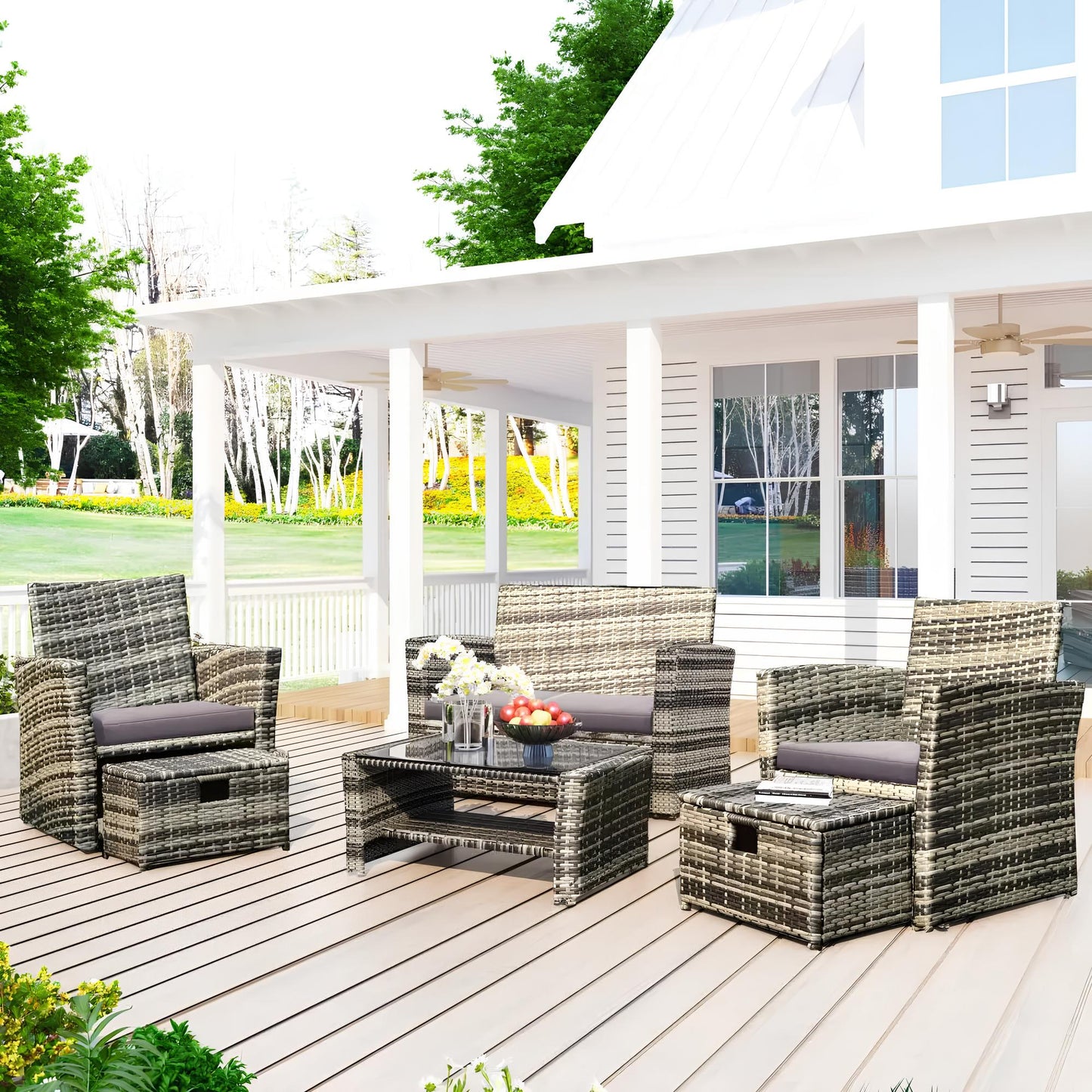 6 Pieces 6 Seater Rattan Patio Sofa Furniture Set with Tempered Glass Coffee Table & Footstools - Homevalley.co.uk