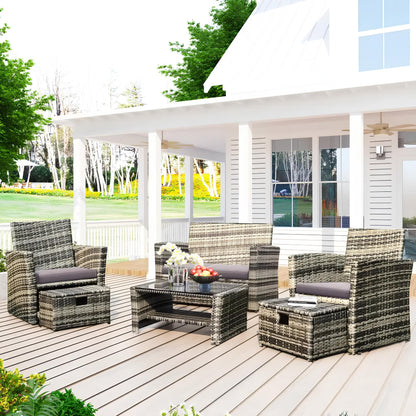 6 Pieces 6 Seater Rattan Patio Sofa Furniture Set with Tempered Glass Coffee Table & Footstools - Homevalley.co.uk