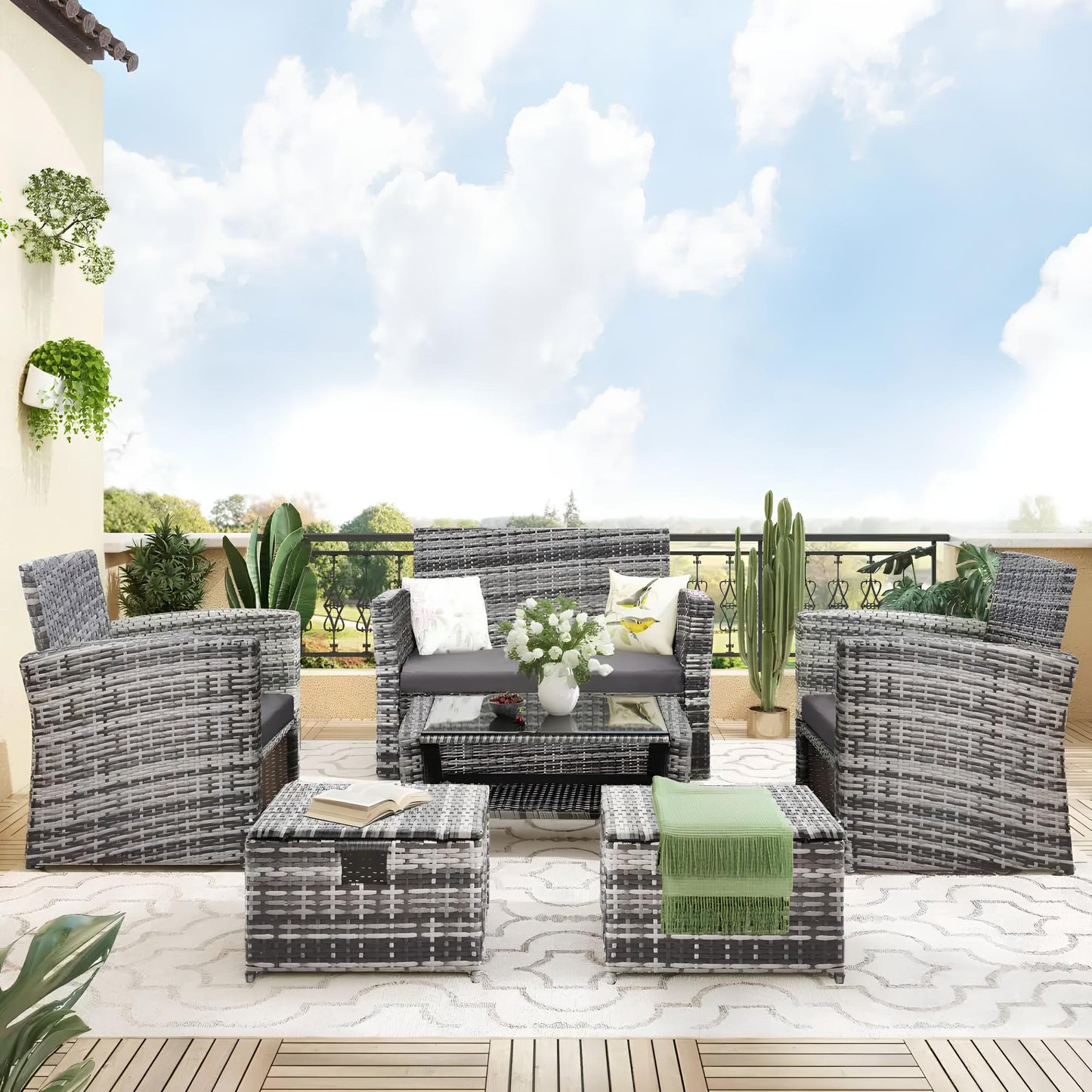6 Pieces 6 Seater Rattan Patio Sofa Furniture Set with Tempered Glass Coffee Table & Footstools - Homevalley.co.uk