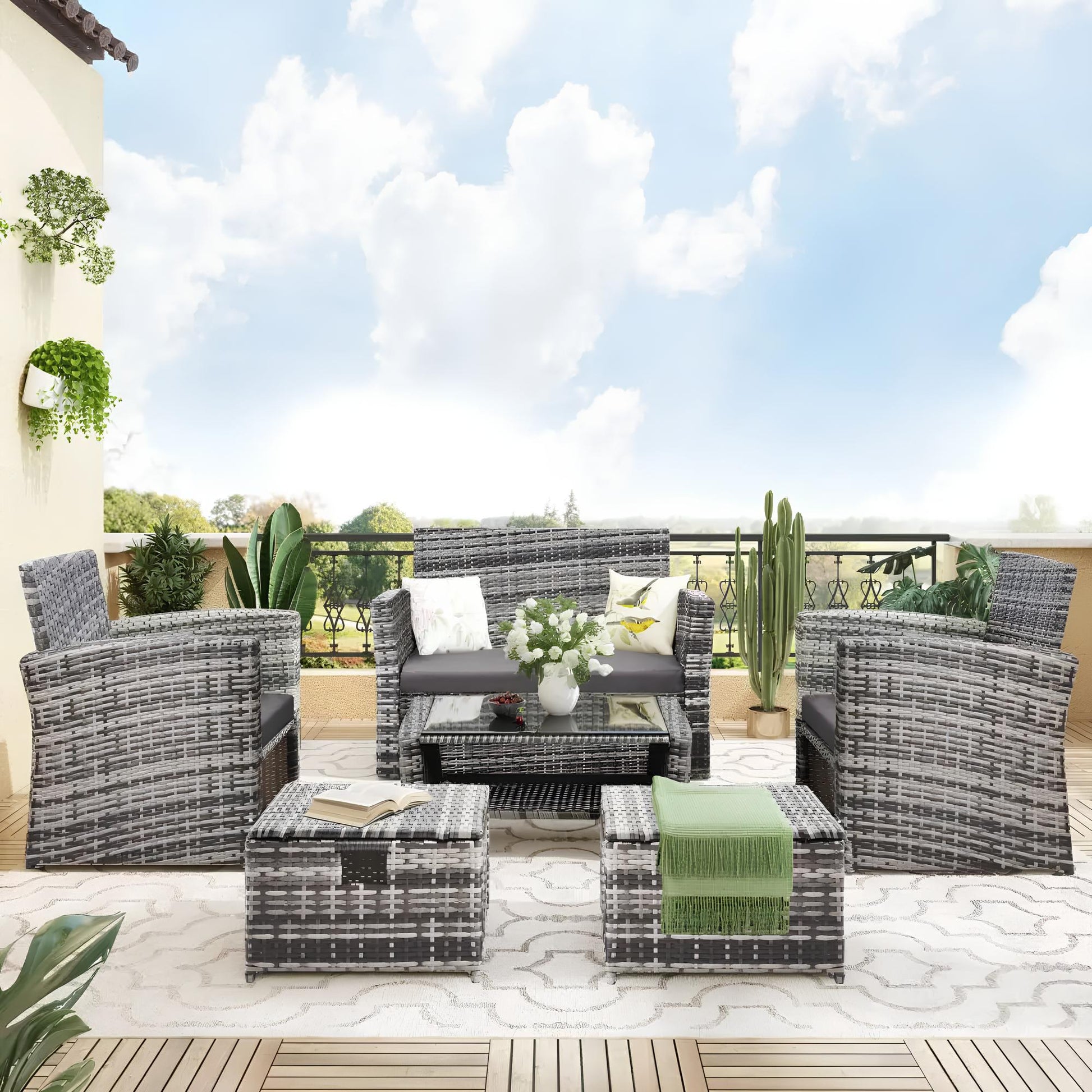 6 Pieces 6 Seater Rattan Patio Sofa Furniture Set with Tempered Glass Coffee Table & Footstools - Homevalley.co.uk