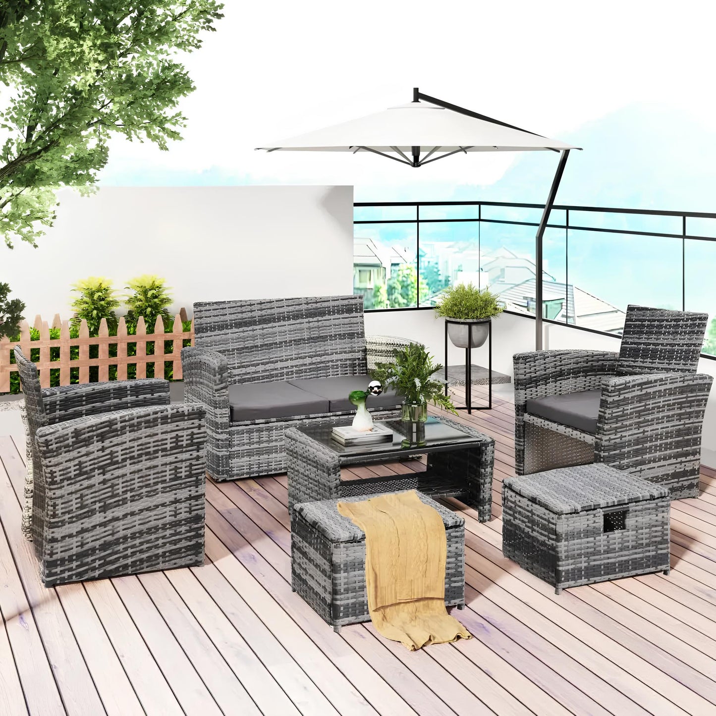 6 Pieces 6 Seater Rattan Patio Sofa Furniture Set with Tempered Glass Coffee Table & Footstools - Homevalley.co.uk