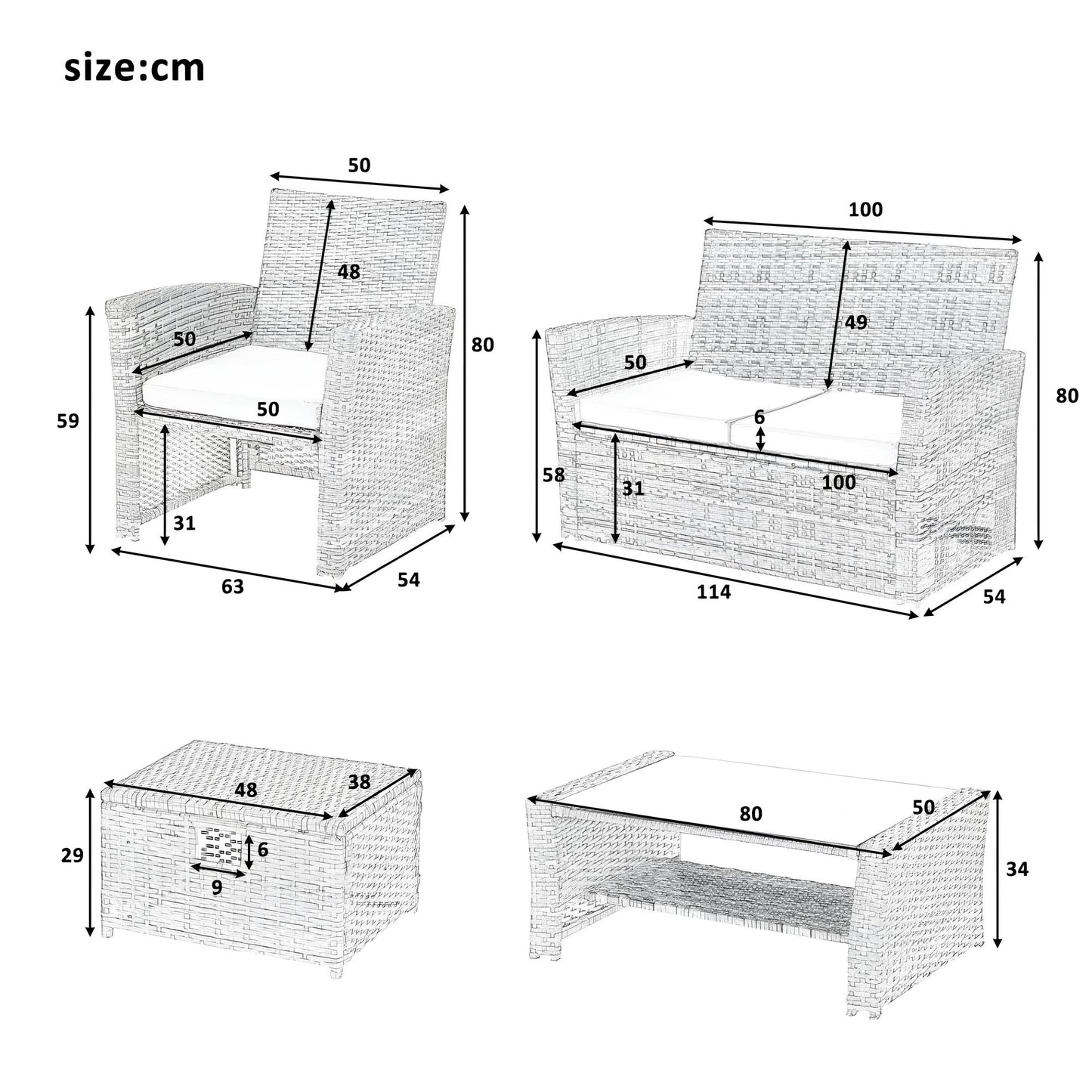 6 Pieces 6 Seater Rattan Patio Sofa Furniture Set with Tempered Glass Coffee Table & Footstools - Homevalley.co.uk