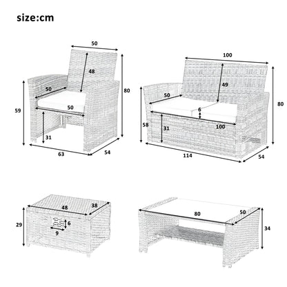 6 Pieces 6 Seater Rattan Patio Sofa Furniture Set with Tempered Glass Coffee Table & Footstools - Homevalley.co.uk