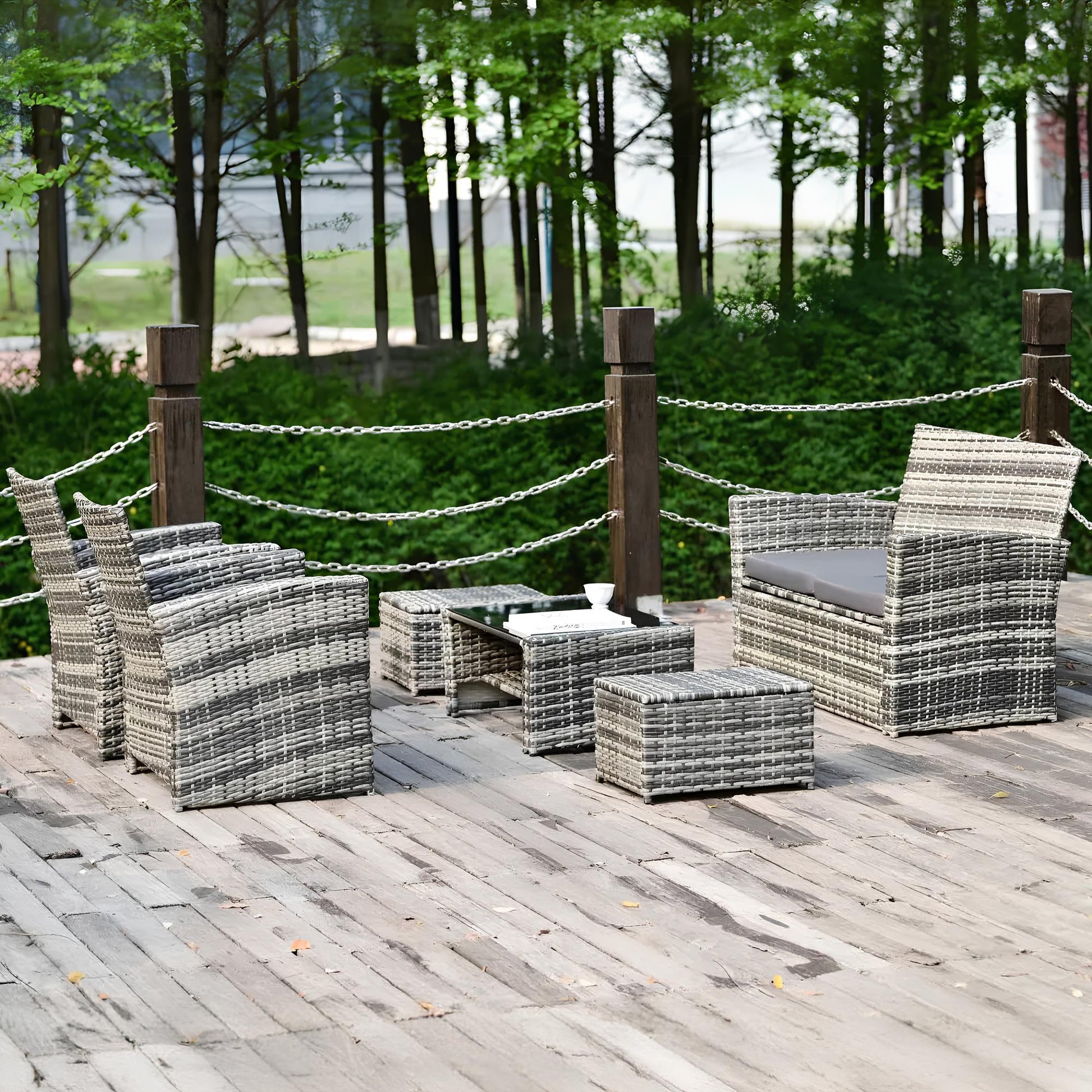 6 Pieces 6 Seater Rattan Patio Sofa Furniture Set with Tempered Glass Coffee Table & Footstools - Homevalley.co.uk