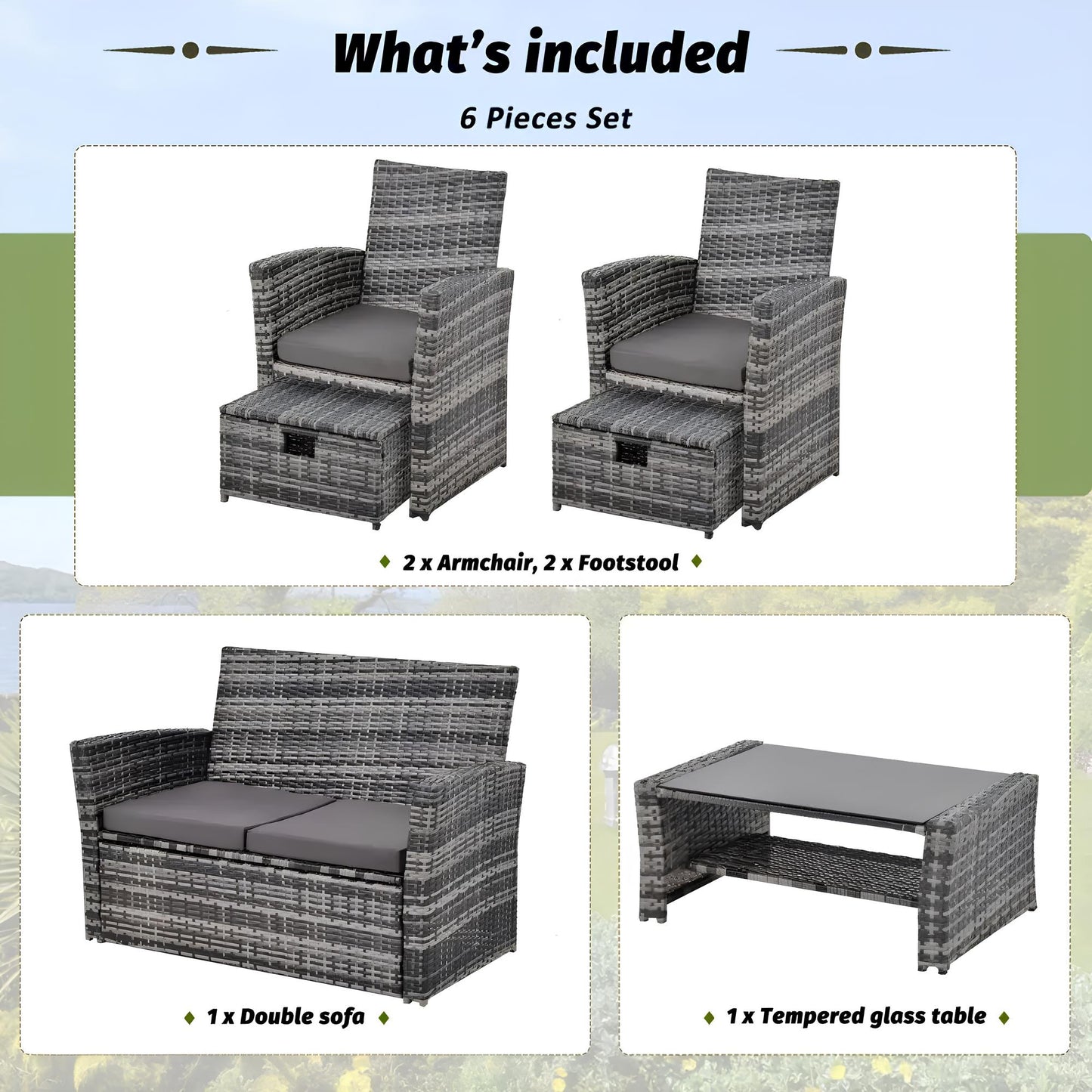 6 Pieces 6 Seater Rattan Patio Sofa Furniture Set with Tempered Glass Coffee Table & Footstools - Homevalley.co.uk