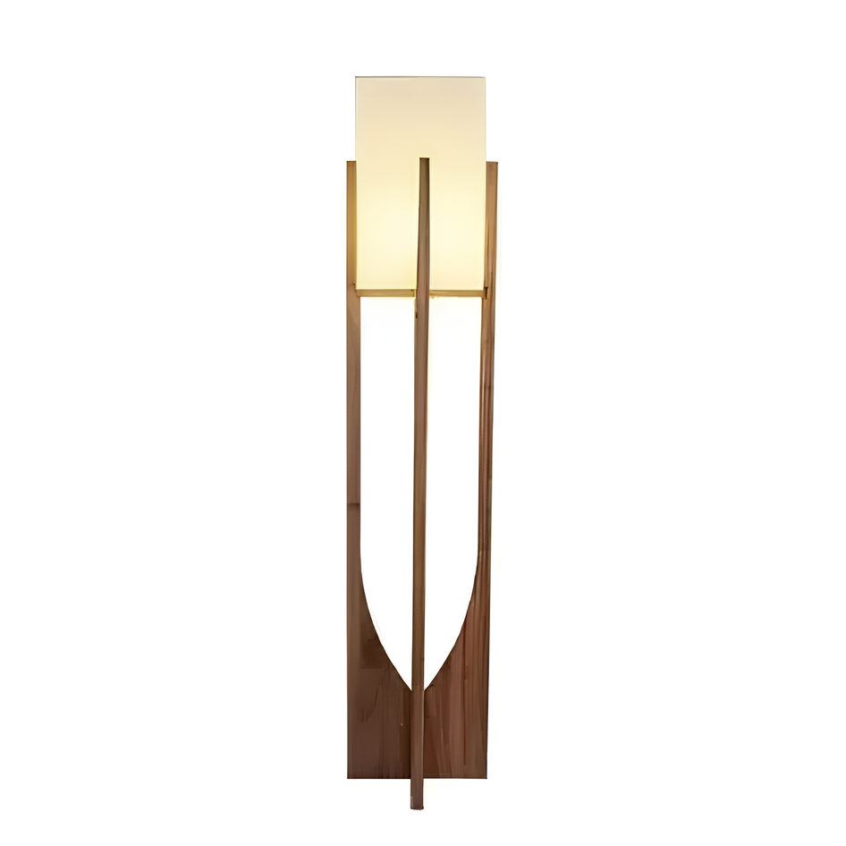 Floor lamp with wooden base and white shade on a white background