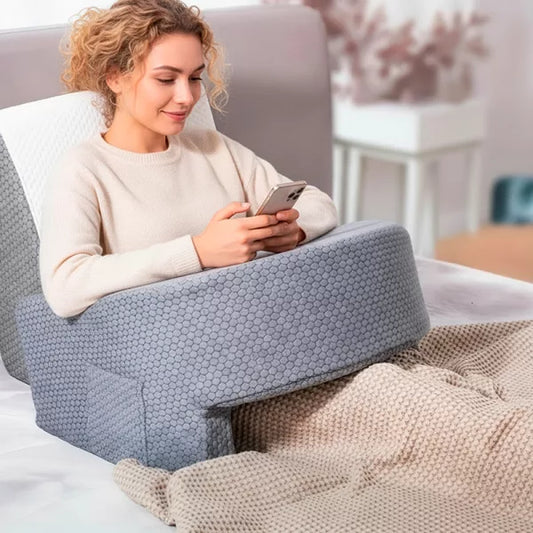 Memory Foam Backrest Pillow with Arm Support & Storage Pockets – Reading, Gaming & Bed Support Cushion