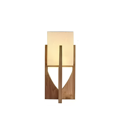 Wooden wall sconce with a rectangular light fixture on a white background