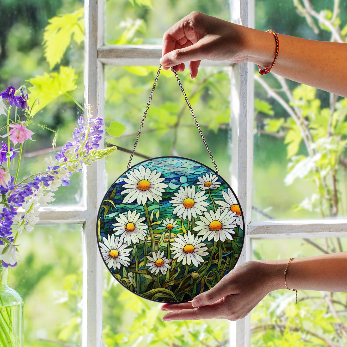 Daisy Stained Glass Suncatcher – Vibrant Floral Window Hanging | Handmade Glass Art by Homevalley