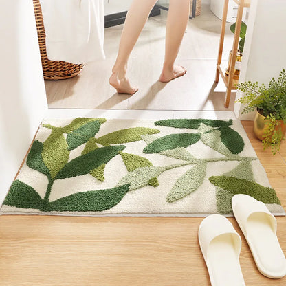 Green Leaves Flocking Bath Mat – Non-Slip, Absorbent Microfibre Bathroom Rug