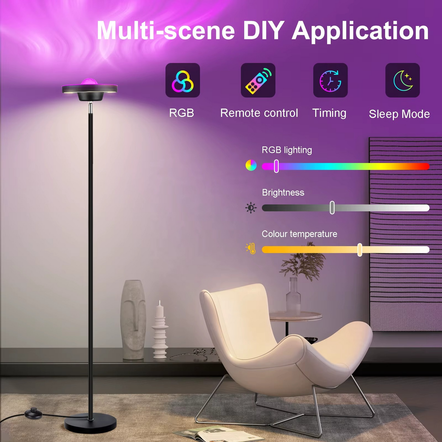 RGB Water Ripple Projector LED Floor Lamp – Dimmable Modern Standing Lamp with Remote Control