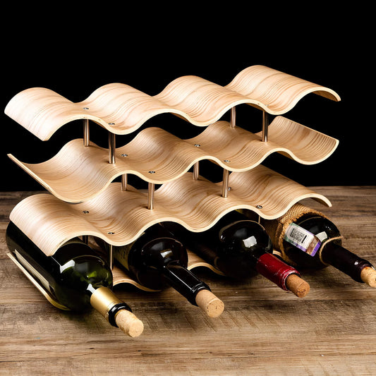 4 Tier Wave Bamboo Wine Rack 14 Bottle Set