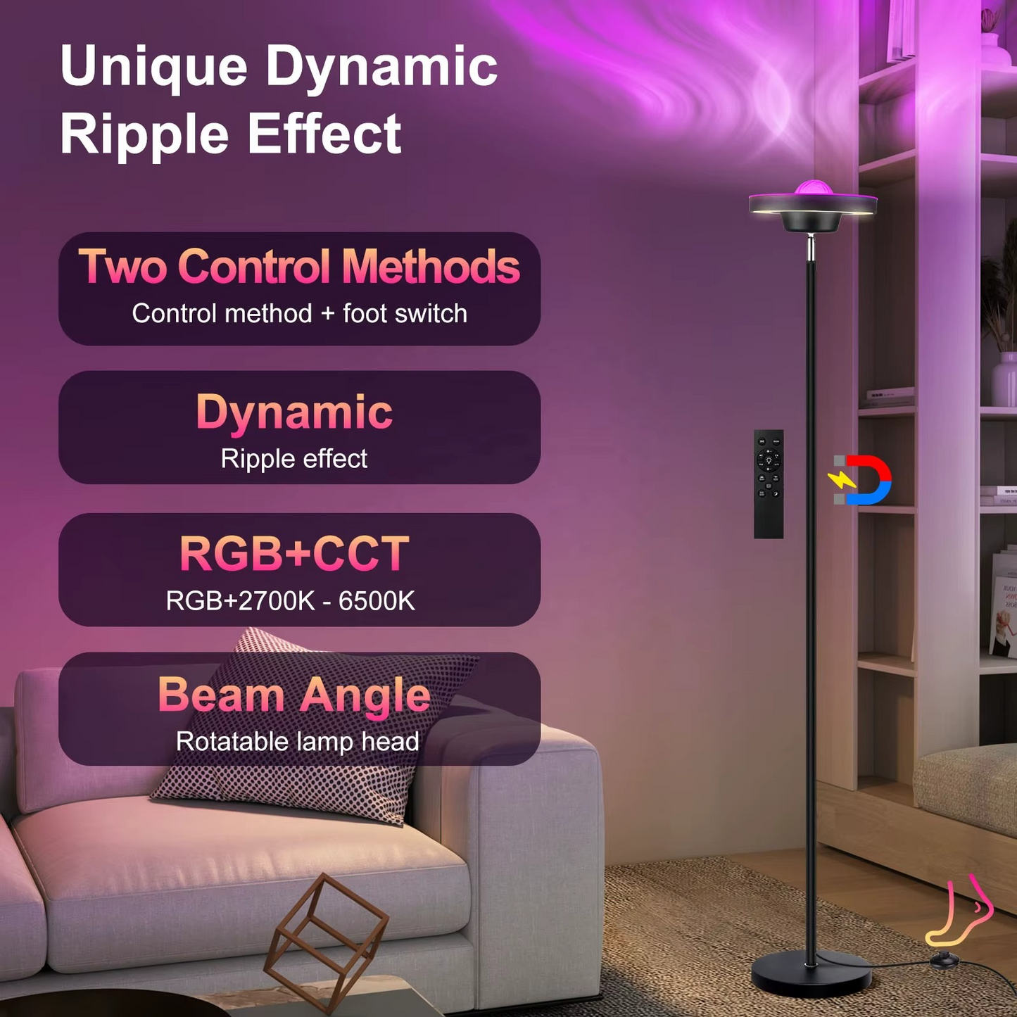 RGB Water Ripple Projector LED Floor Lamp – Dimmable Modern Standing Lamp with Remote Control
