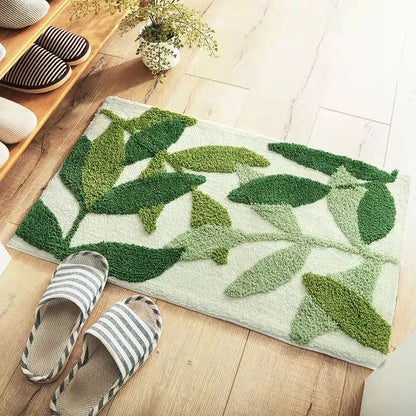 Green Leaves Flocking Bath Mat – Non-Slip, Absorbent Microfibre Bathroom Rug