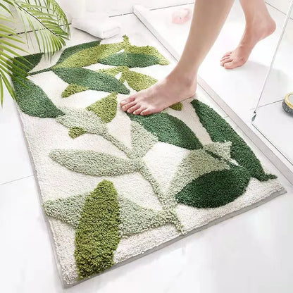 Green Leaves Flocking Bath Mat – Non-Slip, Absorbent Microfibre Bathroom Rug