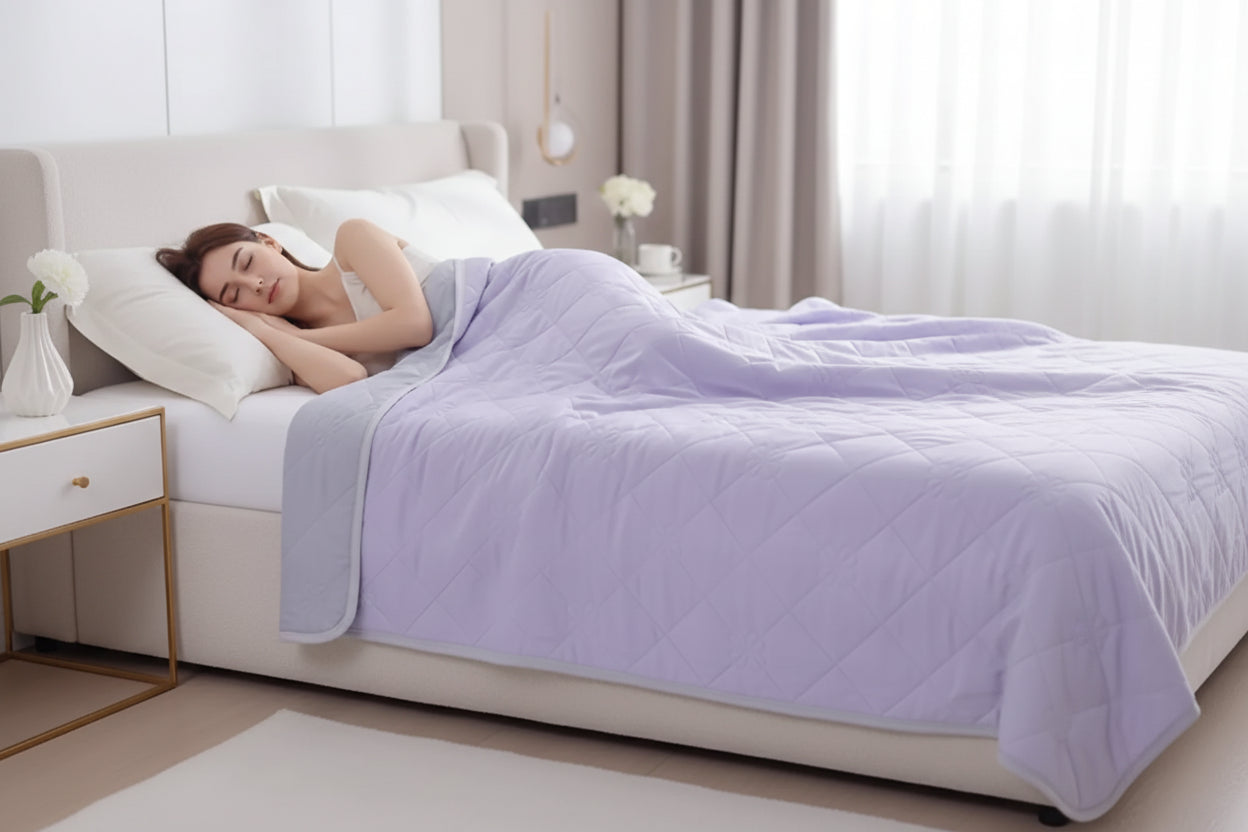 Woman sleeping under a purple comforter in a bedroom.