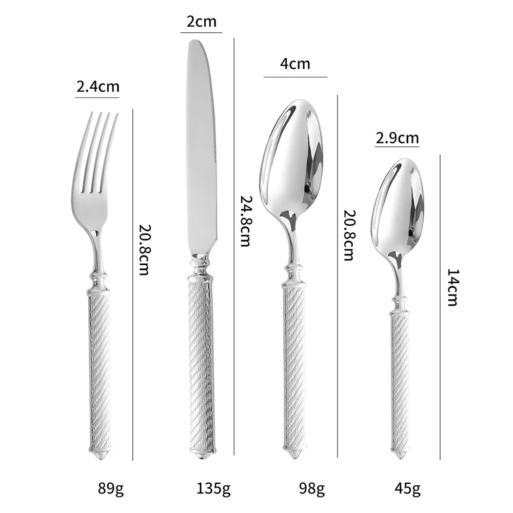 Measurement chart of silver cutlery including fork, knife, and two spoons on a white background.