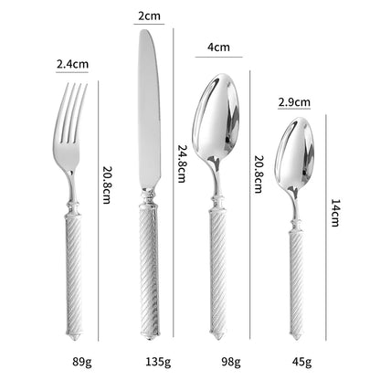 Measurement chart of silver cutlery including fork, knife, and two spoons on a white background.