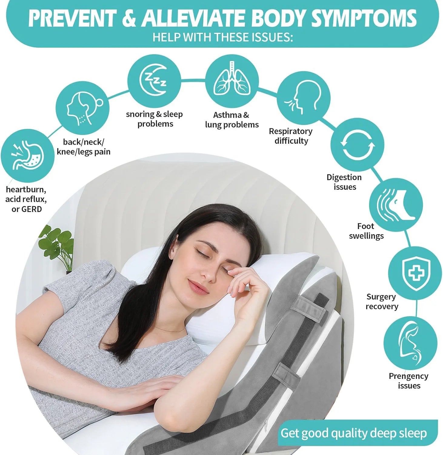 Woman using a pillow with health benefits listed on a white background