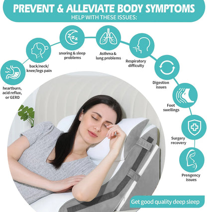 Woman using a pillow with health benefits listed on a white background