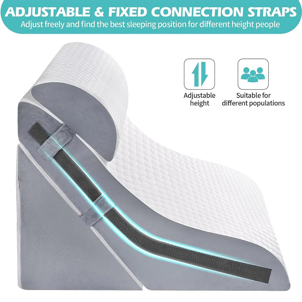 Adjustable and fixed connection straps for a sleeping wedge pillow on a white background