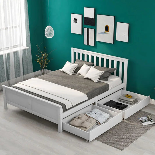 Single Double White Wooden Solid Pine Storage Bed with Drawers