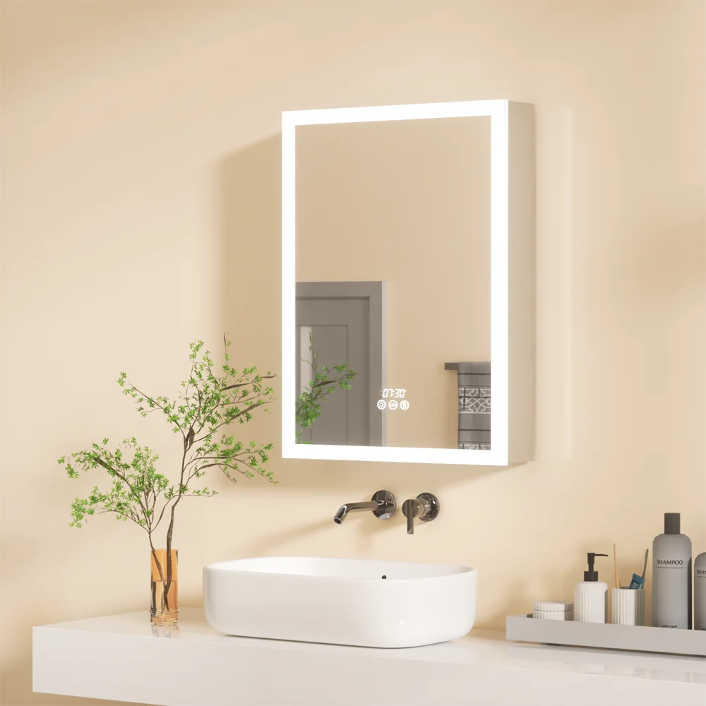 LUVODI Bathroom Mirror Cabinet with LED Light, Time Digital Display, Dimmable, Anti-fog, Touch Sensor and Paper Extraction Port