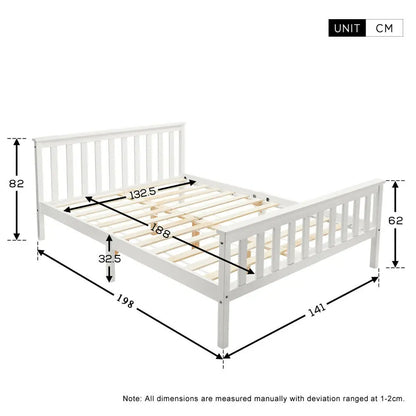 Solid Pine Wood  White Double Bed Frame